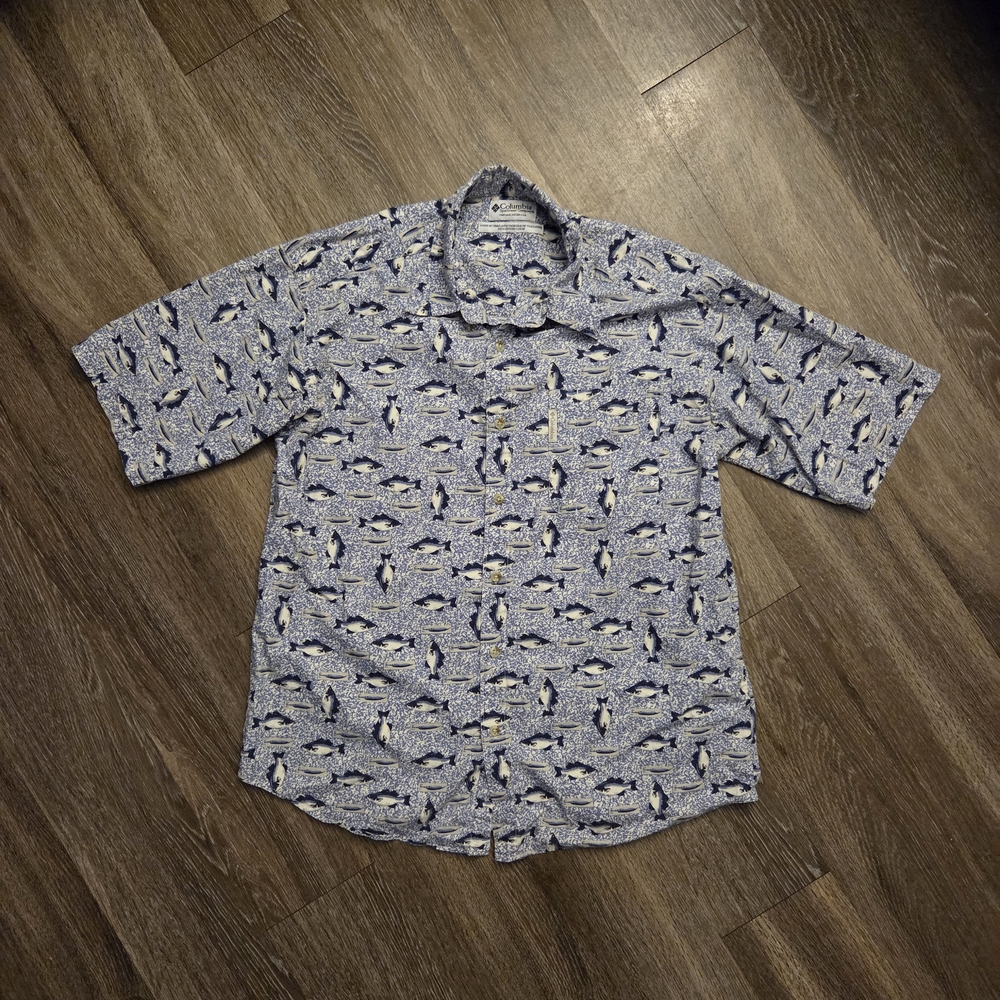 Men's Columbia Blue Fish Patterned Shirt Size XL